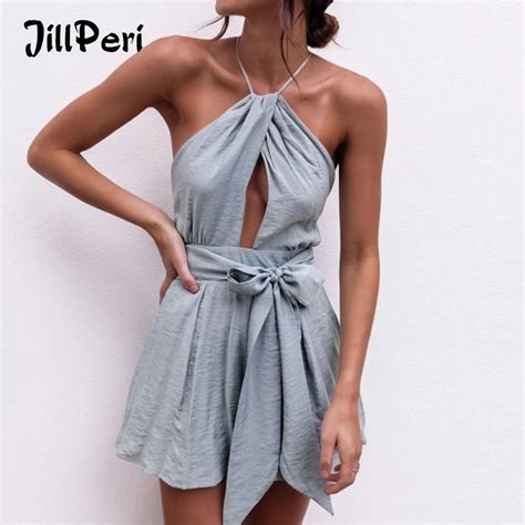 Jillperi Women Summer Jumpsuit High Waist Bow Tie Halter Playsuit Sexy