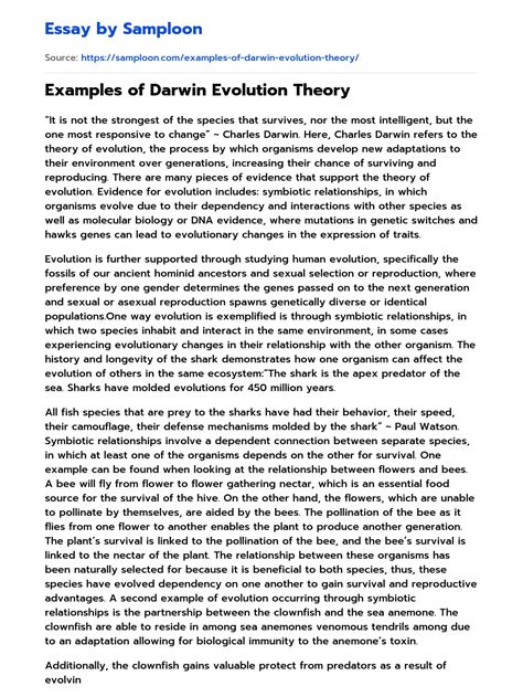 ≫ Examples Of Darwin Evolution Theory Free Essay Sample On