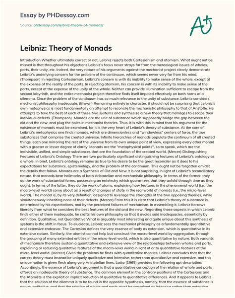 Leibniz Theory Of Monads Definition Essay Example PHDessay