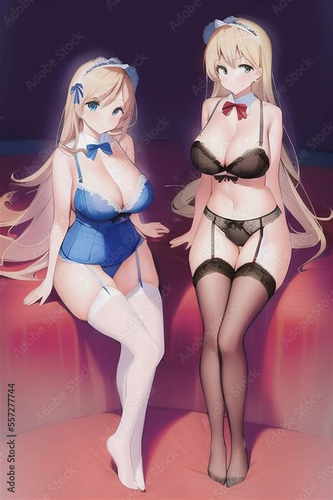 Two Sexy Anime Waifu Girls In Lingerie And Stockings Generative Ai Stock Illustration Adobe Stock