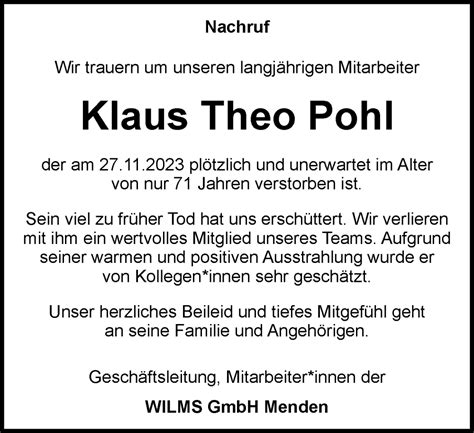 Traueranzeigen Von Klaus Theo Pohl Trauer In Nrw De