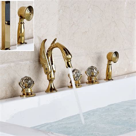 Deck Mounted 5 Pcs Widespread Golden Brass Swan Bathroom Tub Faucet W