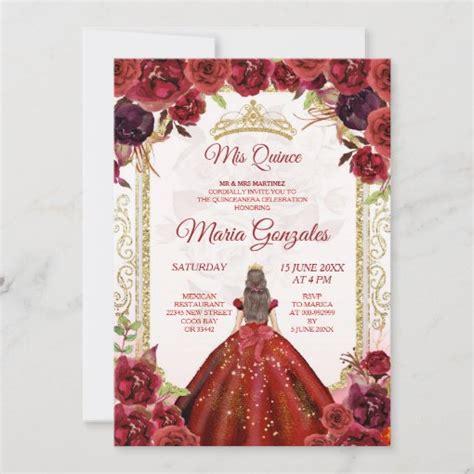 Burgundy Roses Dress Girl Charra Mis Quince Invitation Zazzle