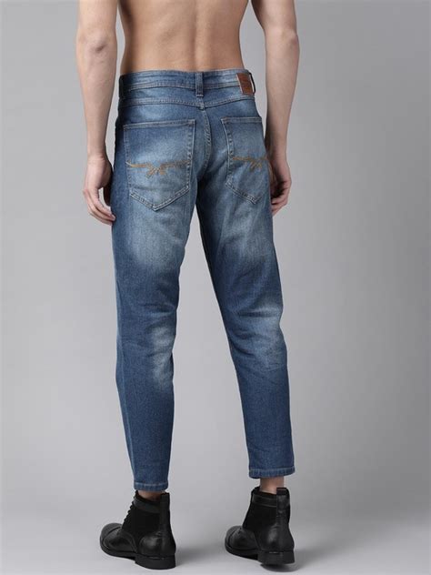 Men Navy Blue Carrot Fit Heavy Fade Stretchable Jeans Denim Clothes