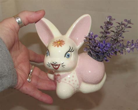 2 Vintage Small Ceramic Bunny Rabbits Planter And Figurine By Etsy