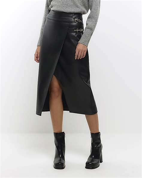 Black Faux Leather Wrap Midi Skirt River Island