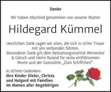 Traueranzeigen Von Hildegard K Mmel Abschied Nehmen De