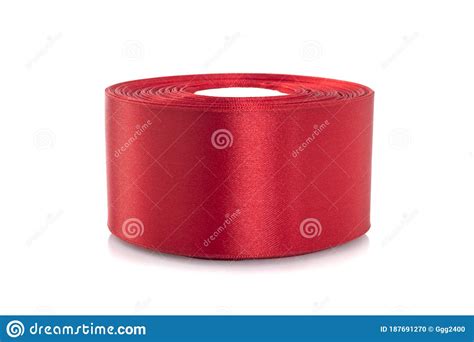 Red Satin Ribbons For Sewing And Needlework On A White Background Stock