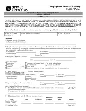 Fillable Online Employment Practices Liability Policy Fax Email Print