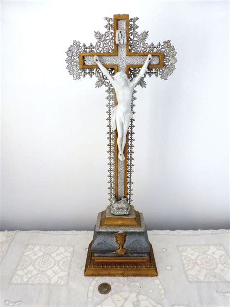 Antique Altar Standing Crucifix Cross Large Gilded Wooden Etsy