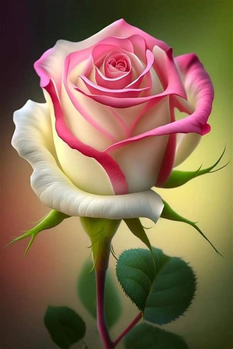 A Pink And White Rose With Green Leaves