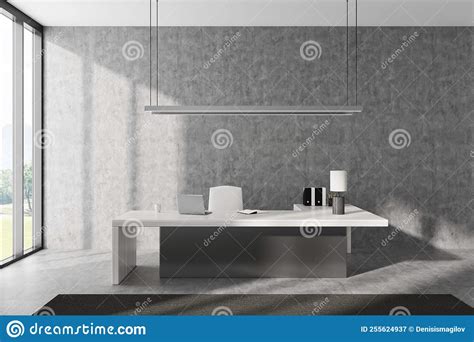 Office Interior With Table And Laptop Tools And Panoramic Window Stock