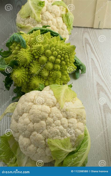 Bio Big Romanesco Broccoli Or Roman Cauliflower With White Cauliflower