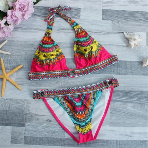 Pink Green Women Thong Bikini Sets Swimwear Halter Backless Floral