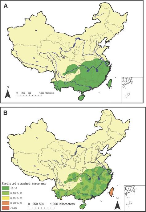 Risk map of schistosomiasis transmission in China in 2000 (A) (green ...