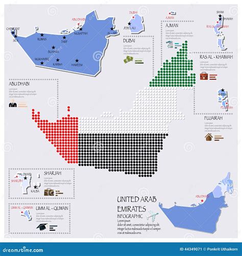 Dot And Flag Map Of United Arab Emirates Infographic Design Stock