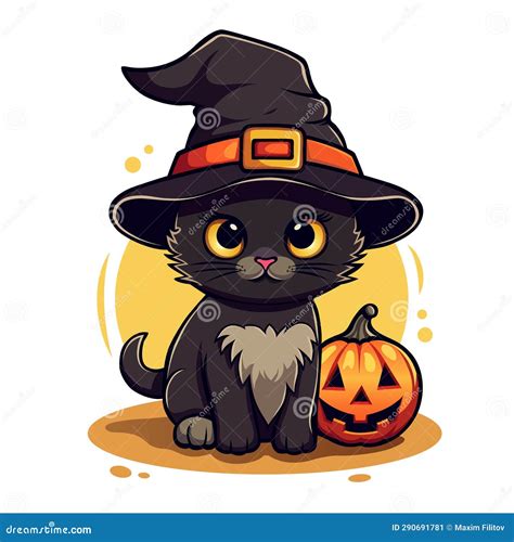 Black Cat In Witch Hat And Pumpkin Jack Lantern Halloween Vector