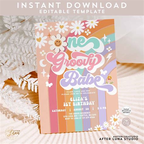 Editable 1st One Groovy Babe Birthday Party Invitation Daisy Rainbow Birthday Hippie Retro