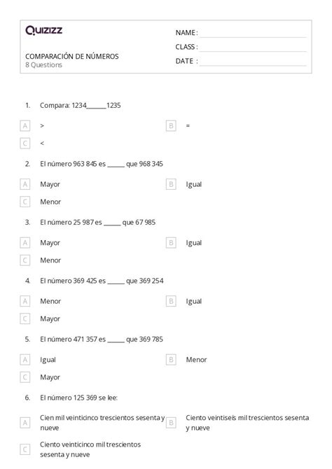 Cantidad De Comparaci N Hojas De Trabajo Para Grado En Quizizz