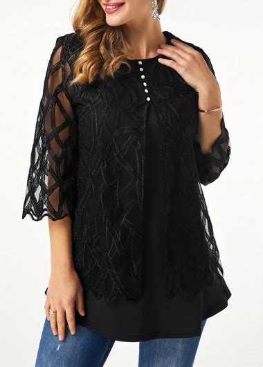 ROTITA Button Detail Lace Panel Round Neck T Shirt Rotita USD