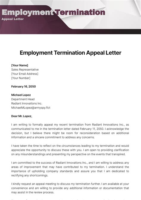 Free Employment Termination Appeal Letter Template Edit Online