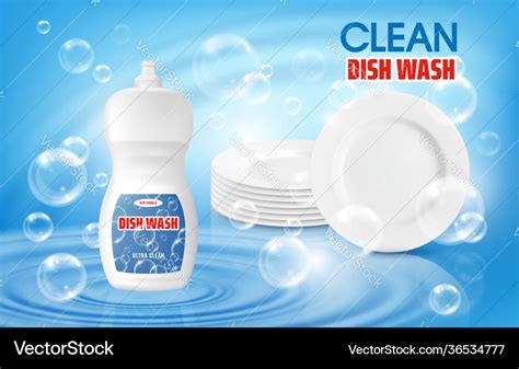 Dish Wash Liquid Soap And Clean Plates Ad Poster Vector Image