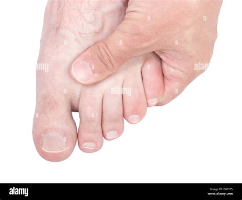 Caucasian Male Hand Massaging Foot Isolated On White Background Stock