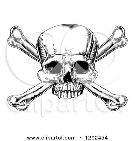 Clipart Of A Black And White Engraved Skull And Crossbones Royalty