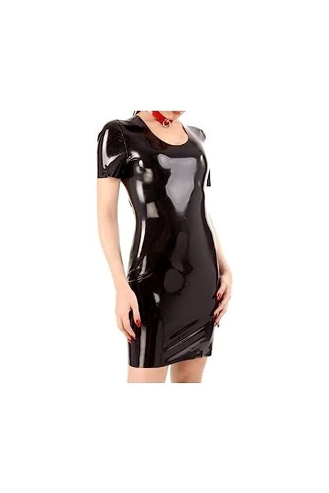 Idoblo Robe Noire Sexy En Latex Avec Manches Courtes Et Fermeture