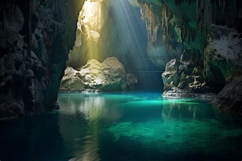 Una Cueva Con Agua Verde Y Una Cueva Azul Foto Premium