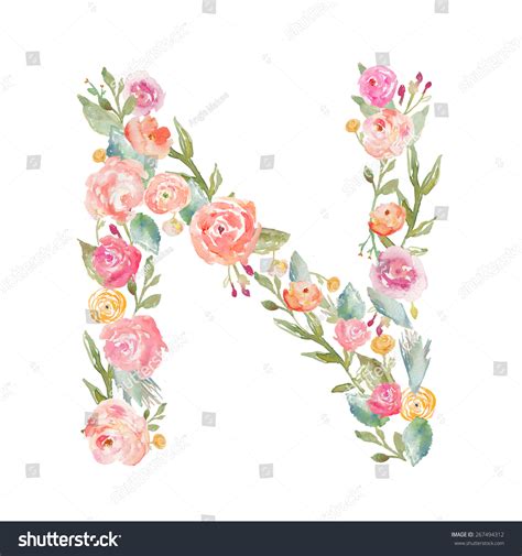 Watercolor Floral Monogram Letter N On Isolated White Background