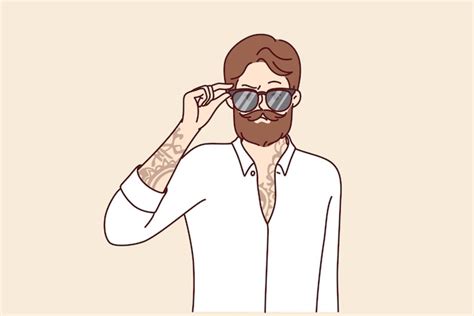 Premium Vector Hipster Man With Trendy Beard And Mustache Puts On