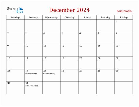 December Guatemala Monthly Calendar With Holidays