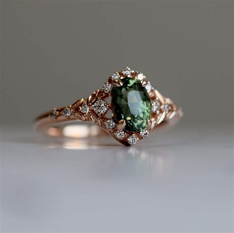 Kassandra Green Sapphire Engagement Ring Vintage Rose Gold Engagement