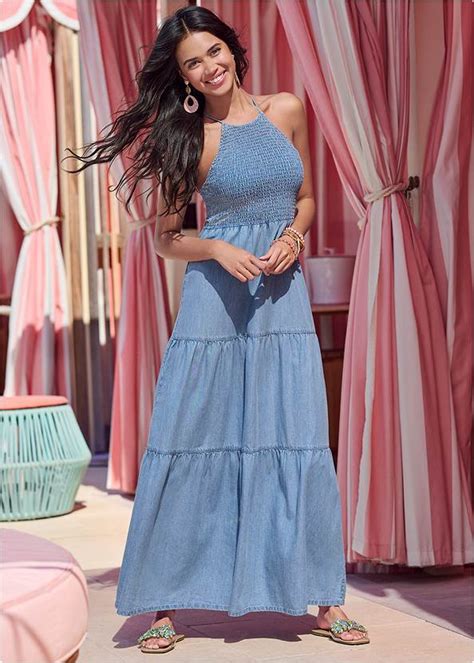 Smocked Chambray Dress In Light Wash Venus