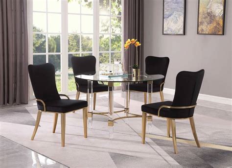 4038 Gold Round Glass Dining Table With Acrylic And Steel Base And Golden Accents Chintaly 4038