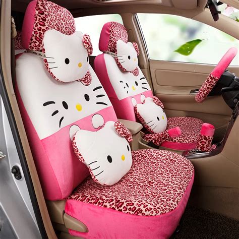 Girls Women S Fashion Cute Cartoon Hello Kitty Leopard Print Universal Car Seat Cover Set For