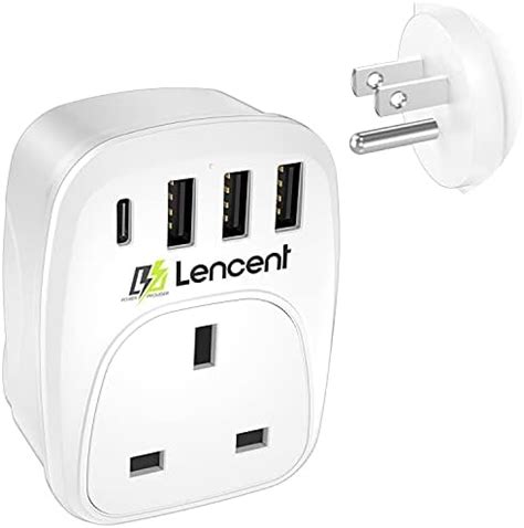 LENCENT UK To US Plug Adapter With 3 USB Ports And 1 Type C Grounded