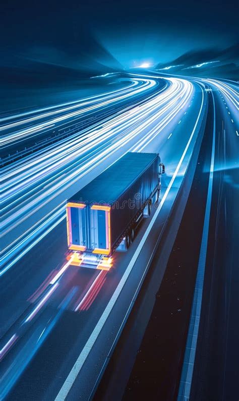 Modern Freight Truck Driving By Highway At Night Blurred Motion