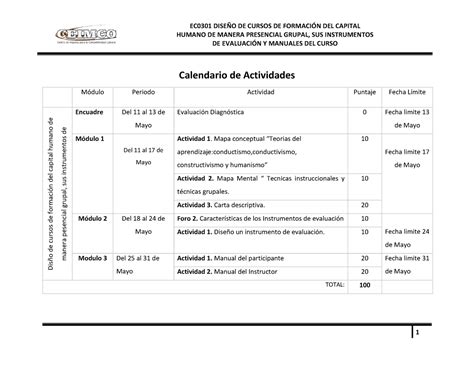 Calendario De Actividades EC0301 EC0301 DISEO DE CURSOS DE FORMACIN