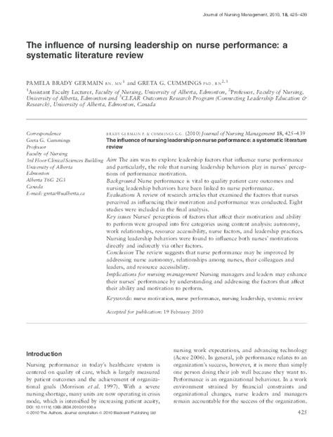 Pdf The Influence Of Nursing Leadership On Nurse Performance A Systematic Literature Review