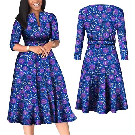 Bintarealwax African Dresses For Women Elegant V Neck Office Midi Dresses With Belt Riche Cotton