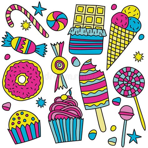 Set Of Candies And Sweets In Doodle Style Stock Vector Illustration