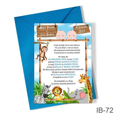 Invitatii Botez Gemeni Baieti Cu Plic Colorat Jungla Safari IB 72