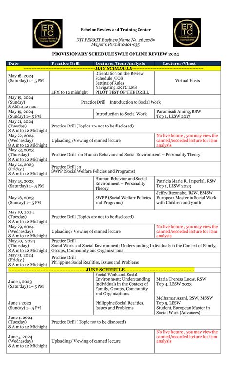 Online Review Provisional Schedule 2024 - Echelon Review and Training