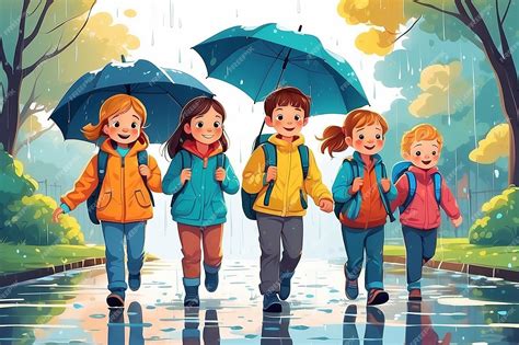 Premium Photo Rainy Day School Walk Happy Kids With Backpacks Under