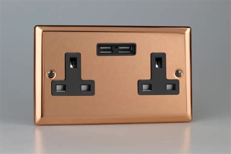 Varilight Urban Polished Copper 2 Gang 13a Unswitched Socket 2x5v Dc 2100ma Usb Charging Ports