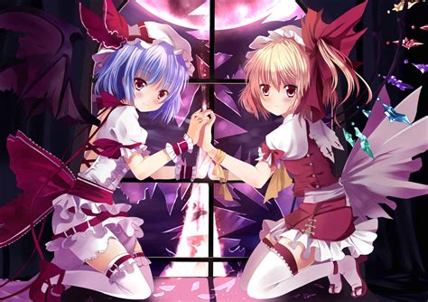 Blonde Hair Blue Hair Blush Dress Flandre Scarlet Hat Moon Red Eyes Remilia Scarlet