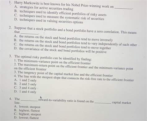 Solved 1. Harry Markowitz is best known for his Nobel | Chegg.com