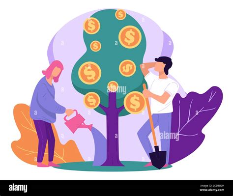 People Growing Tree With Gold Coins Saving Money Stock Vector Image